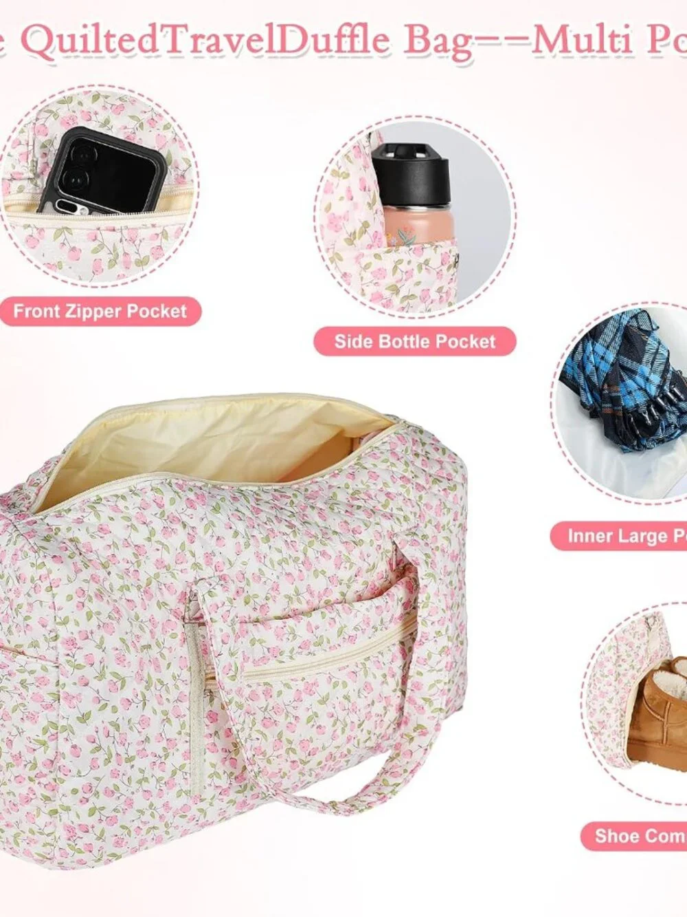 Floral Quilted Duffle Bag, Weekender Bag with Makeup Pouch Women | Floral Quilte